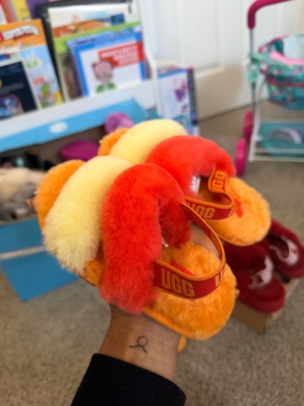 UGG Fluff Slide in Orange, Red & Yellow Ombre
